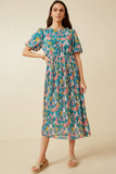 HY7176 Blue Womens Romantic Floral Puff Sleeve Pleated Skirt Dress Pose