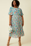 HY7176W Blue Plus Romantic Floral Puff Sleeve Pleated Skirt Dress Front