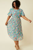 HY7176W Blue Plus Romantic Floral Puff Sleeve Pleated Skirt Dress Pose