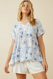 HY7183W Blue Plus Monochromatic Floral V Neck Paneled Top Front