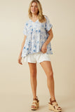 HY7183 Blue Womens Monochromatic Floral V Neck Paneled Top Full Body