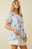 HY7183 Blue Womens Monochromatic Floral V Neck Paneled Top Front 2