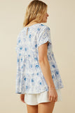 HY7183 Blue Womens Monochromatic Floral V Neck Paneled Top Back