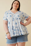 HY7183 Blue Womens Monochromatic Floral V Neck Paneled Top Front