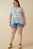 HY7183W Blue Plus Monochromatic Floral V Neck Paneled Top Gif