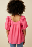 HY7193 Pink Womens Square Neck Ruffle Shoulder Textured Top Detail