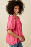 HY7193 Pink Womens Square Neck Ruffle Shoulder Textured Top Back