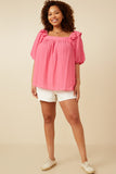 HY7193 Pink Womens Square Neck Ruffle Shoulder Textured Top Side