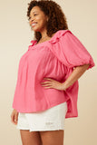 HY7193W Pink Plus Square Neck Ruffle Shoulder Textured Top Gif