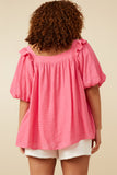 HY7193W Pink Plus Square Neck Ruffle Shoulder Textured Top Full Body