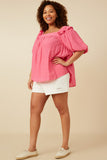 HY7193W Pink Plus Square Neck Ruffle Shoulder Textured Top Side