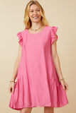 HY7194W Pink Plus Side Panel Detailed Ruffle Sleeve Dress Front