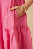 HY7194 Pink Womens Side Panel Detailed Ruffle Sleeve Dress Full Body