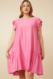 HY7194 Pink Womens Side Panel Detailed Ruffle Sleeve Dress Front