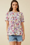 HY7206 Purple Womens Floral Rounded Hem Peplum Top Front