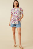 HY7206 Purple Womens Floral Rounded Hem Peplum Top Full Body