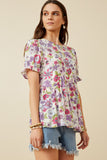 HY7206 Purple Womens Floral Rounded Hem Peplum Top Side