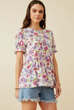 HY7206 Purple Womens Floral Rounded Hem Peplum Top Front 2