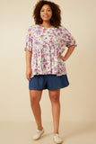 HY7206W Purple Plus Floral Rounded Hem Peplum Top Gif