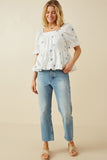 HY7224 Blue Womens All Over Daisy Embroidered Square Neck Top Front