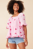 HY7224 Red Womens All Over Daisy Embroidered Square Neck Top Pose