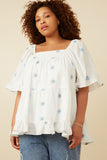 HY7224W Blue Plus All Over Daisy Embroidered Square Neck Top Front