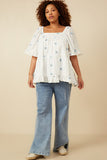 HY7224 Blue Womens All Over Daisy Embroidered Square Neck Top Full Body