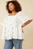 HY7224W Blue Plus All Over Daisy Embroidered Square Neck Top Gif