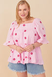 HY7224W Red Plus All Over Daisy Embroidered Square Neck Top Front