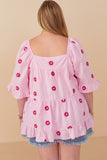 HY7224 Pink Womens All Over Daisy Embroidered Square Neck Top Front