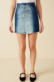 HY7232W Mid Denim Plus Paperbag Waist Washed Panel Denim Skirt Front