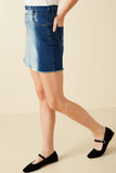 HY7232 Mid Denim Womens Paperbag Waist Washed Panel Denim Skirt Side