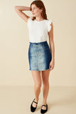 HY7232 Mid Denim Womens Paperbag Waist Washed Panel Denim Skirt Full Body