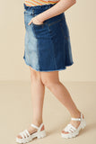 HY7232W Mid Denim Plus Paperbag Waist Washed Panel Denim Skirt Side