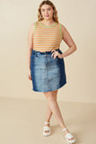 HY7232W Mid Denim Plus Paperbag Waist Washed Panel Denim Skirt Full Body