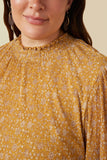 HY7244W Mustard Plus Pleated Ditsy Floral Smock Detail Top Gif