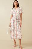 HY7247W Off White Womens Tie Neck Floral Puff Sleeve Dress Full Body