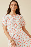 HY7247 Off White Womens Tie Neck Floral Puff Sleeve Dress Front