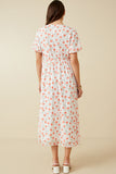 HY7247 Off White Womens Tie Neck Floral Puff Sleeve Dress Back