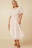 HY7247 Off White Womens Tie Neck Floral Puff Sleeve Dress Full Body