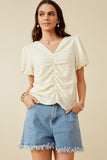 HY7248W Ivory Womens Puff Sleeve V Neck Gathered Front Top Front