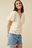 HY7248 Ivory Womens Puff Sleeve V Neck Gathered Front Top Side