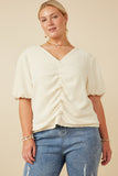 HY7248 Ivory Womens Puff Sleeve V Neck Gathered Front Top Front