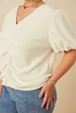HY7248W Ivory Womens Puff Sleeve V Neck Gathered Front Top Full Body