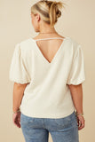HY7248W Ivory Womens Puff Sleeve V Neck Gathered Front Top Detail