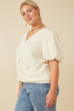 HY7248W Ivory Womens Puff Sleeve V Neck Gathered Front Top Back