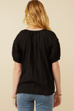 HY7252W Black Plus Tasseled Pleated Sleeve Crochet Textured Top Back