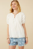 HY7252W Off White Plus Tasseled Pleated Sleeve Crochet Textured Top Gif