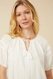 HY7252W Off White Plus Tasseled Pleated Sleeve Crochet Textured Top Full Body
