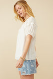 HY7252W Off White Plus Tasseled Pleated Sleeve Crochet Textured Top Side